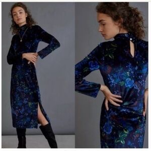 Anthropologie Velvet Blue Floral Dress
